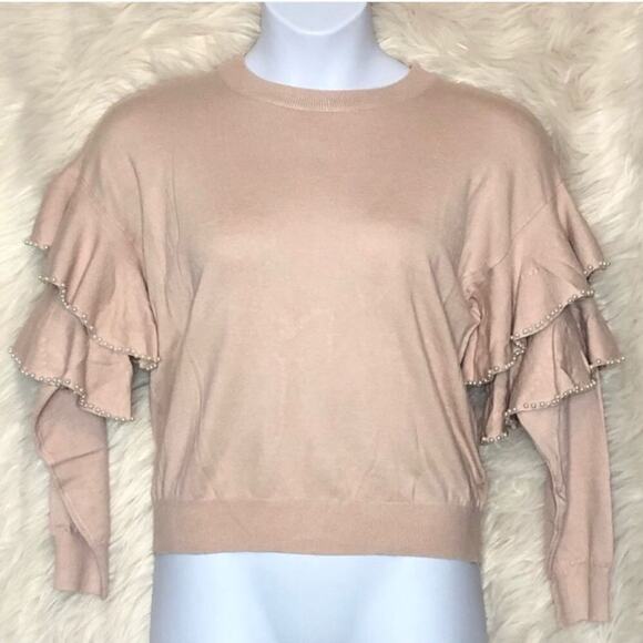 Stellah Pearly Trim Ruffle Sleeve Sweater Light Pink Peach Size Large NWT - Picture 3 of 8